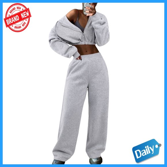 Cropped Zip Hoodie & Sweatpants Set Soft Active Wear for Women